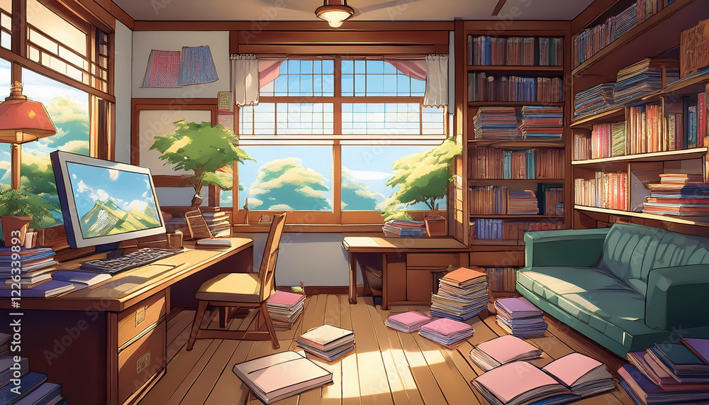 アニメ漫画風のイラスト 雑然とした日本の家の部屋 障子窓に散らかった本棚 窓から差し込む外光 机とベッド くつろぎ・リラックス・生活・チルの背景壁紙 アニメ漫画風のイラスト 雑然とした日本の家の部屋 障子窓に散らかった本棚 窓から差し込む外光 机とベッド くつろぎ・リラックス・生活・チルの背景壁紙
