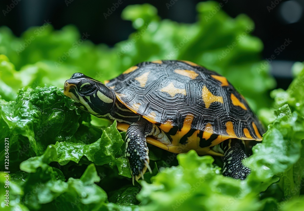 Obraz premium Colorful turtle resting on a bed of fresh green lettuce in a vibrant and natural setting, showcasing unique shell patterns and bright colors.