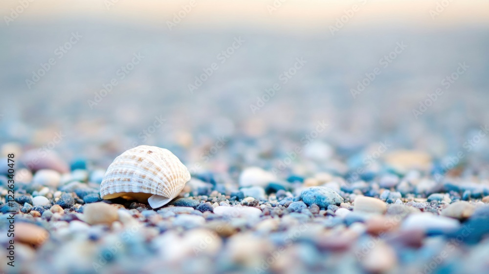 A seashell rests among a diverse array of pebbles on a rocky surface, glimmering softly under gentle morning light by the shoreline A seashell rests among a diverse array of pebbles on a rocky surface, glimmering softly under gentle morning light by the shoreline