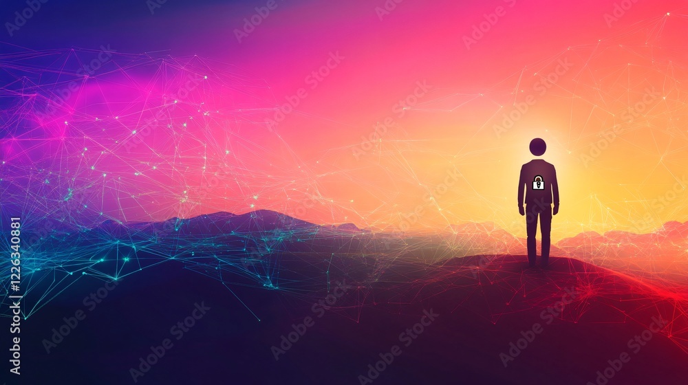 Fototapeta premium Silhouette Person Data Security Concept Digital Landscape Sunset