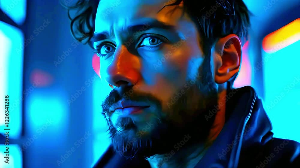Bearded Man with Intense Gaze in Neon Glow Bearded Man with Intense Gaze in Neon Glow