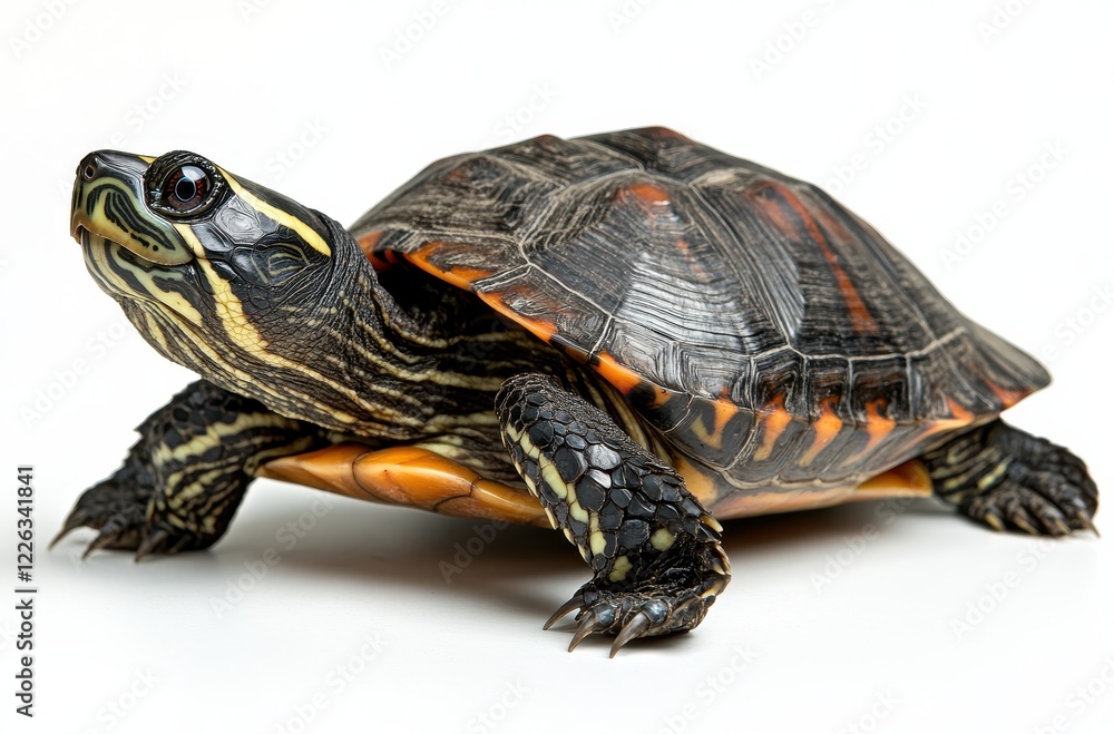 Colorful turtle with intricate shell pattern resting on a white background, showcasing unique textures and natural colors in a close-up photograph Colorful turtle with intricate shell pattern resting on a white background, showcasing unique textures and natural colors in a close-up photograph