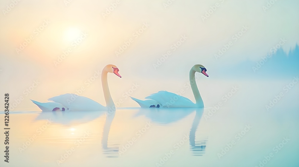 Obraz premium two swans at sunrise, misty lake - pastel color palettes