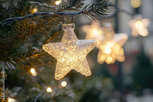 String lights shaped like stars hanging from fir branches with a blurred background photo