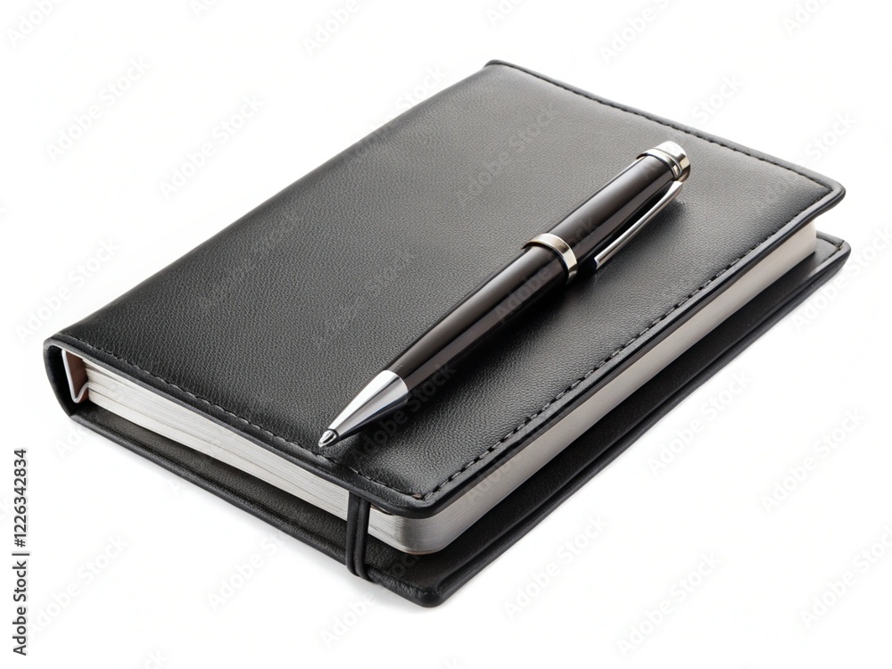 Black leather notebook with pen isolated on a white background. Moleskin Black leather notebook with pen isolated on a white background. Moleskin