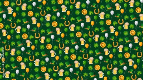 A seamless, slanted pattern featuring shamrocks, leprechaun hats, beer mugs, horseshoes, gold coins, and balloons against a vibrant green backdrop, perfect for St. Patricks Day festivities.