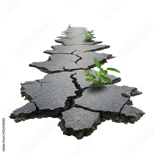 New Growth on a Cracked Road: A powerful visual of resilience and renewal, featuring a cracked asphalt road with vibrant green plants pushing through the gaps.