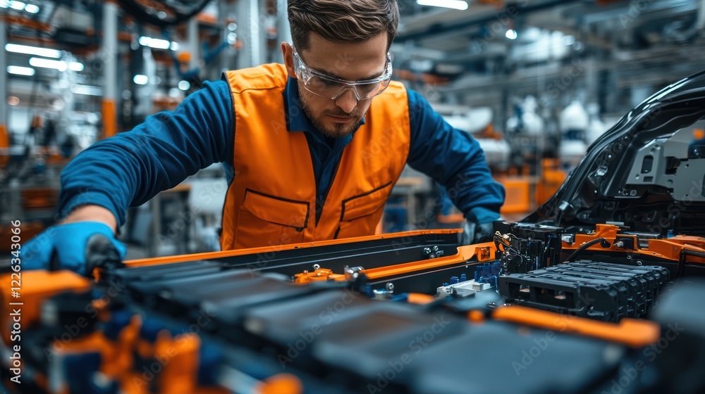 Technician inspecting electric car battery in factory. Technician inspecting electric car battery in factory.