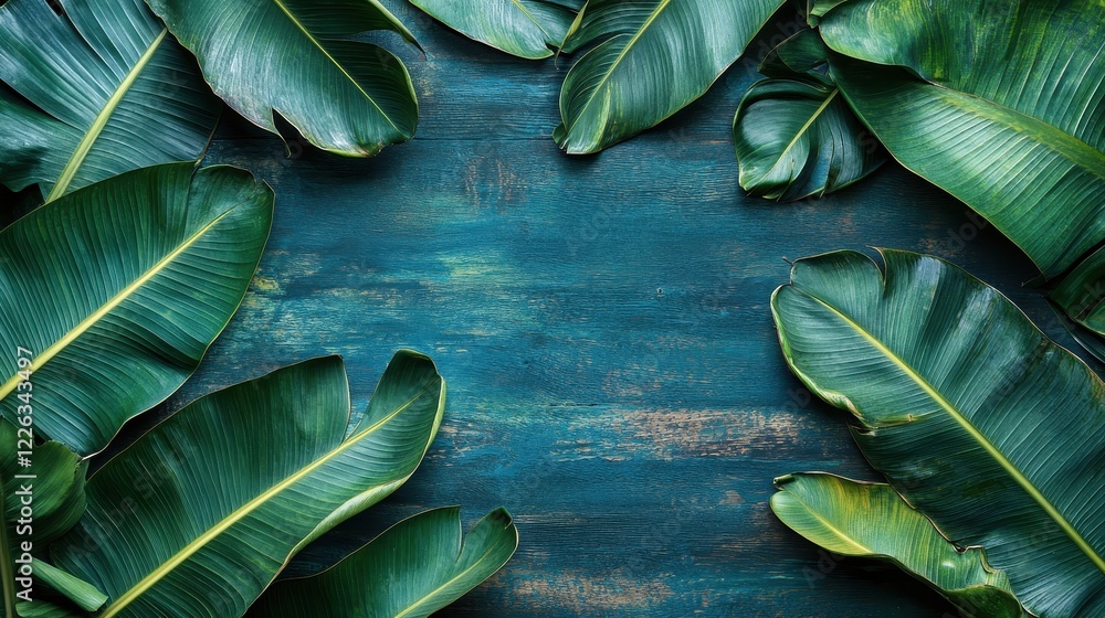 Obraz premium Lush Green Tropical Leaves on Wooden Surface Background