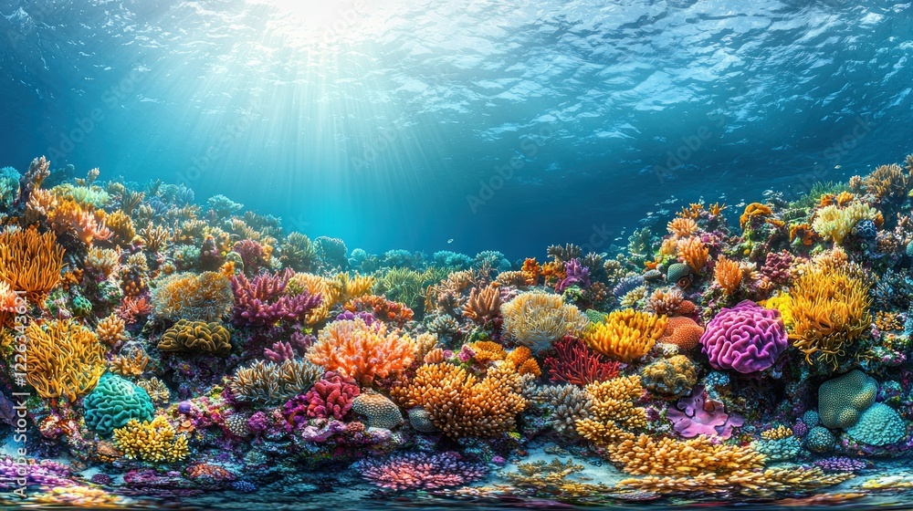 Naklejka premium Vibrant Underwater Coral Reef Panorama: A Colorful Ocean Wonderland