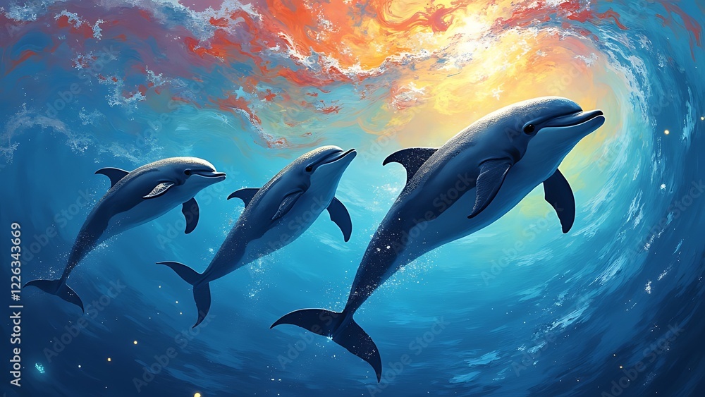 Obraz premium vibrant dolphins swimming colorful swirling ocean