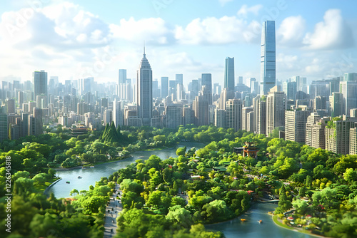 Urban park, city skyline, sunny day, green oasis photo