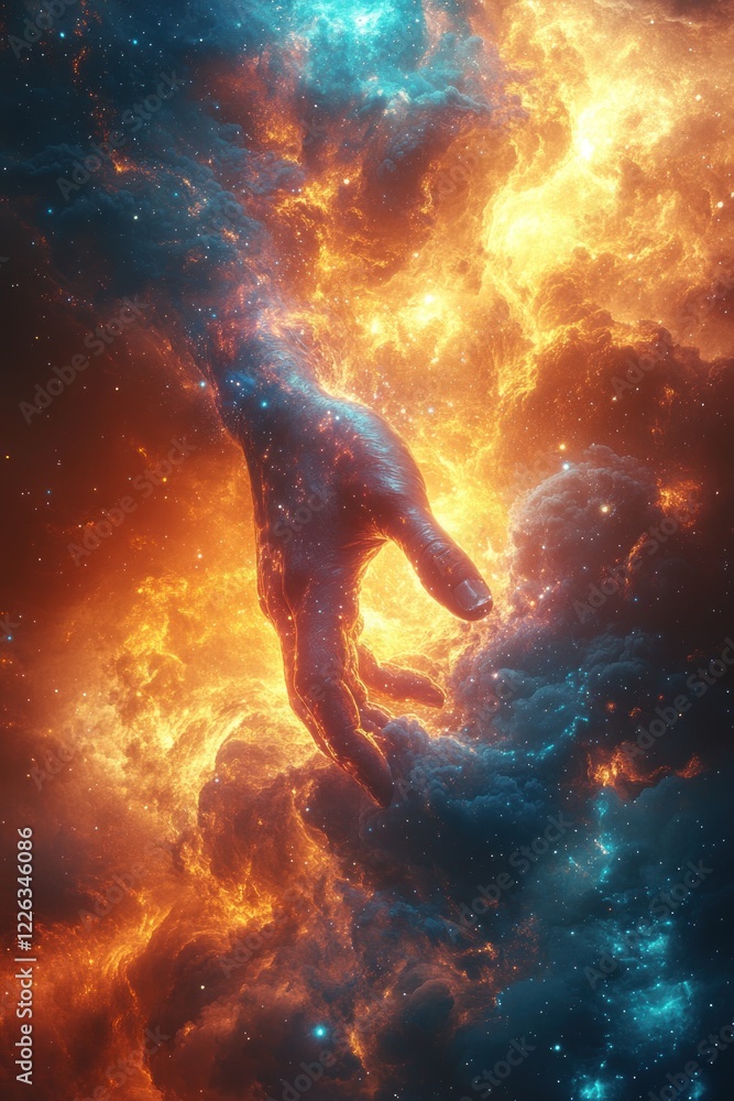 Divine Creation of the Universe Depicted in Genesis God Reaches Down from the Cosmos to Illuminate Earth with Light and Power Divine Creation of the Universe Depicted in Genesis God Reaches Down from the Cosmos to Illuminate Earth with Light and Power
