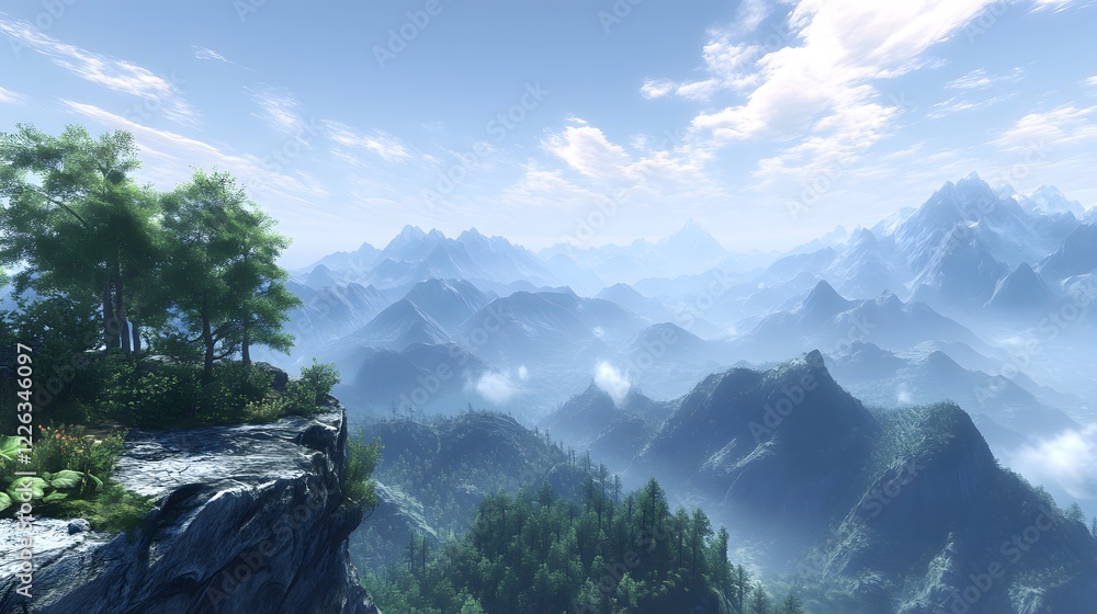 Obraz premium A secluded mountaintop with a sweeping view of surrounding peaks and valleys