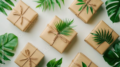 Craft paper wrapped gift boxes with green leaves arranged for a presentable display