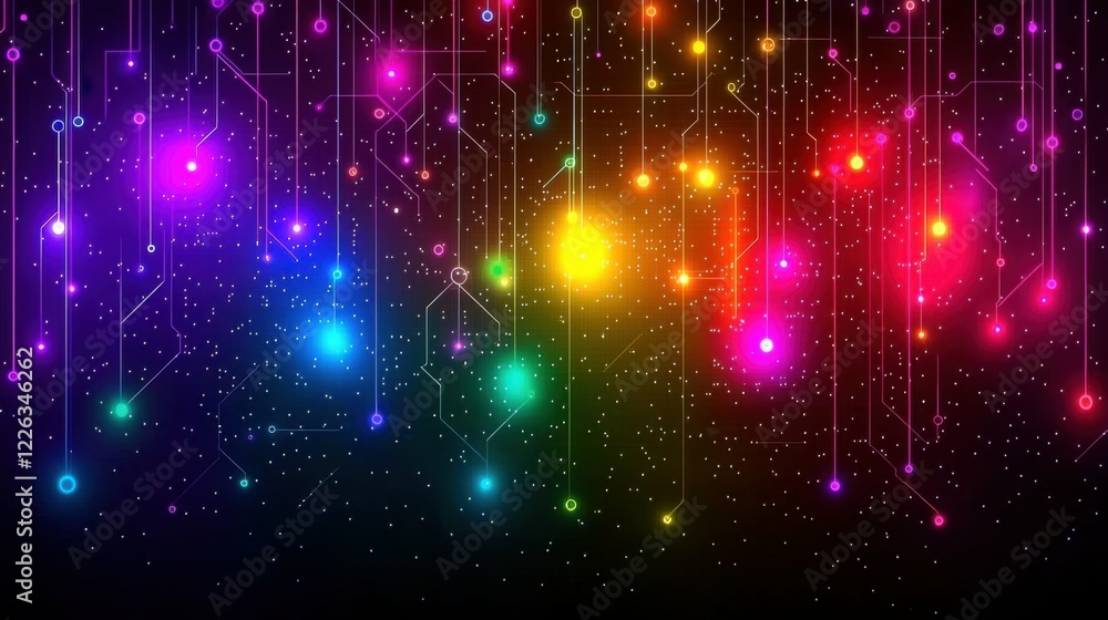 Obraz premium Bright and vibrant circuit board background with colorful streaming neon lines, showcasing the futuristic possibilities of AI and big data applications.