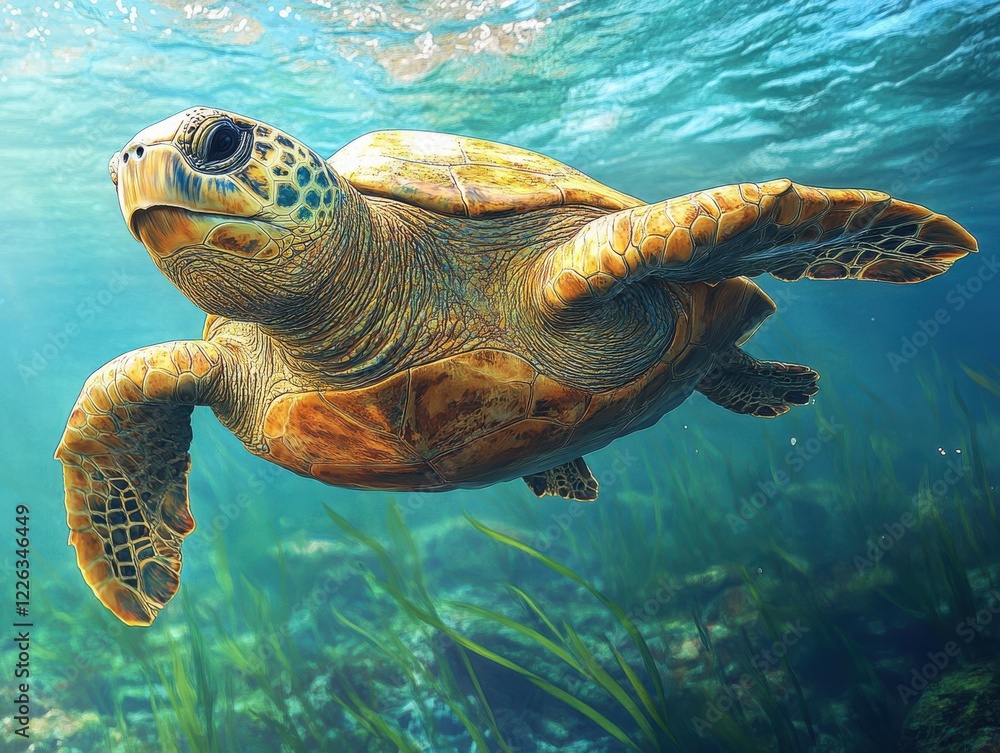 Fototapeta premium Graceful sea turtle gliding through clear blue water with vibrant underwater vegetation and sunlight filtering through the ocean surface