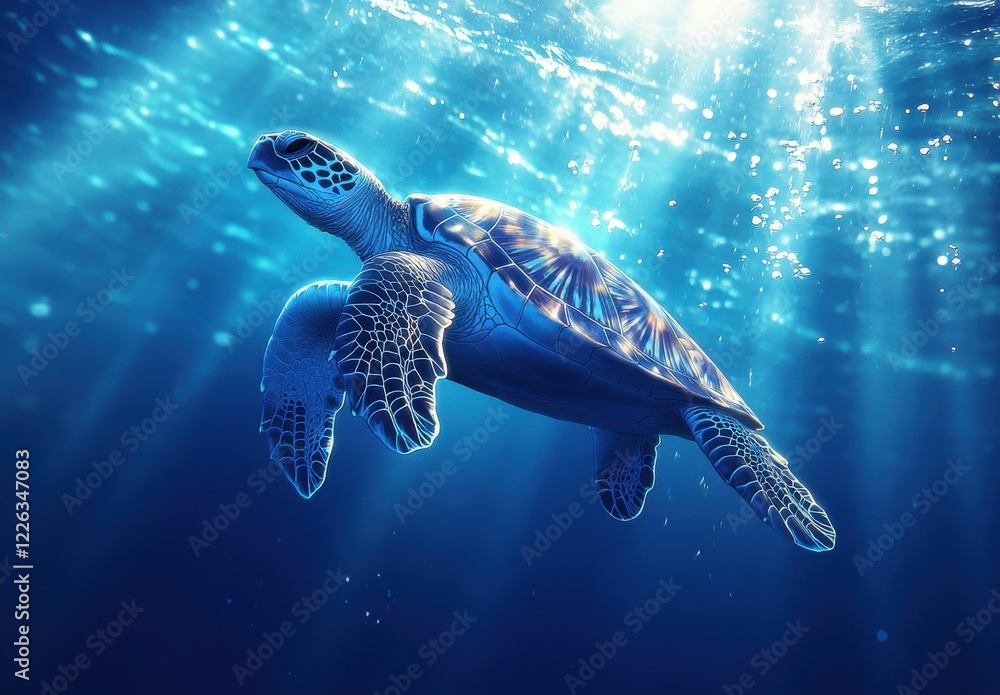 Obraz premium Graceful Sea Turtle Gliding Through Crystal Clear Ocean Waters with Sunlight Streaming Down from Above