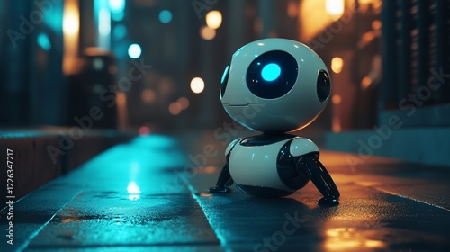 Night City Companion: A small Robot explores a neon-lit urban landscape