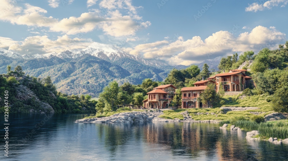 Fototapeta premium Scenic view of houses by the lake and mountains with snowcapped peaks under a cloudy sky
