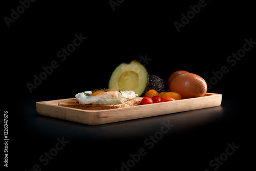 Vegetarian breakfast, fried egg, avocado, tomato on black background photo