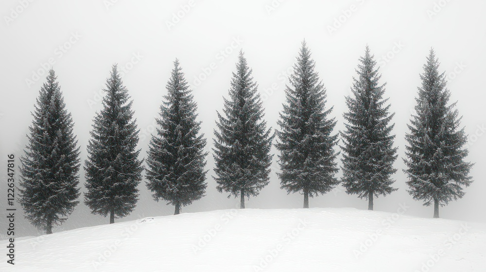 Fototapeta premium Eight Pines in Winter Fog: A Serene Winter Landscape