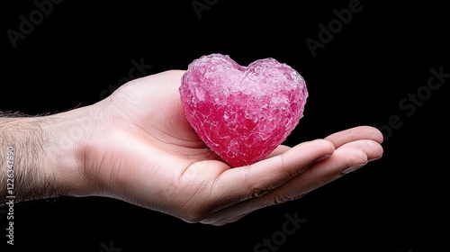 Hand holding a pink heart-shaped crystal against black background; love, care, fragility concept