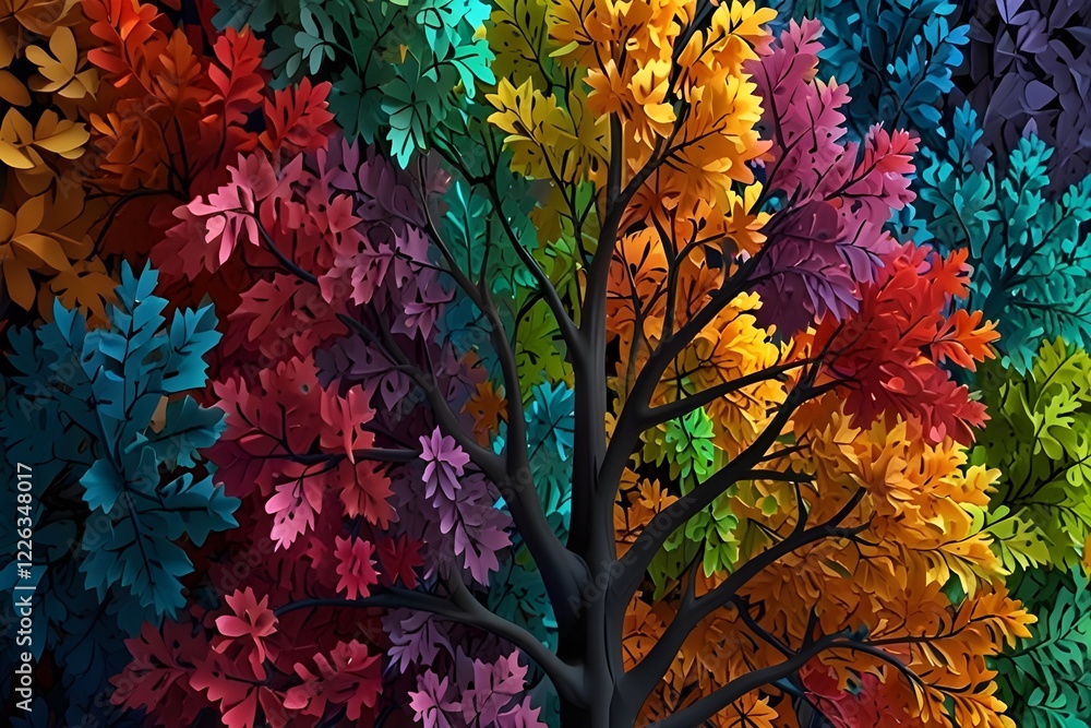 Elegant colorful tree with vibrant leaves hanging branches. 3d abstraction wallpaper Generative AI