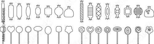 Sweets and candy icon set. Chocolate bars, caramel, toffee and lollipop on sticks, marmalade bears. Confectionery shop elements for birthday kids present cartoon flat isolated vector collection.