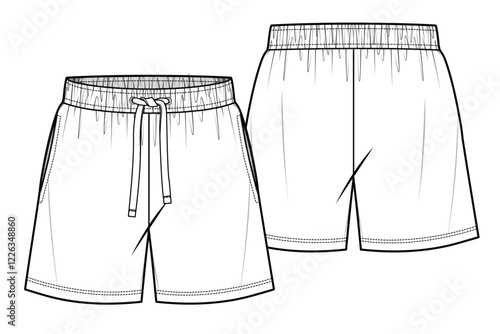 Bermuda shorts for men front and back view technical flat design vector mockup template.