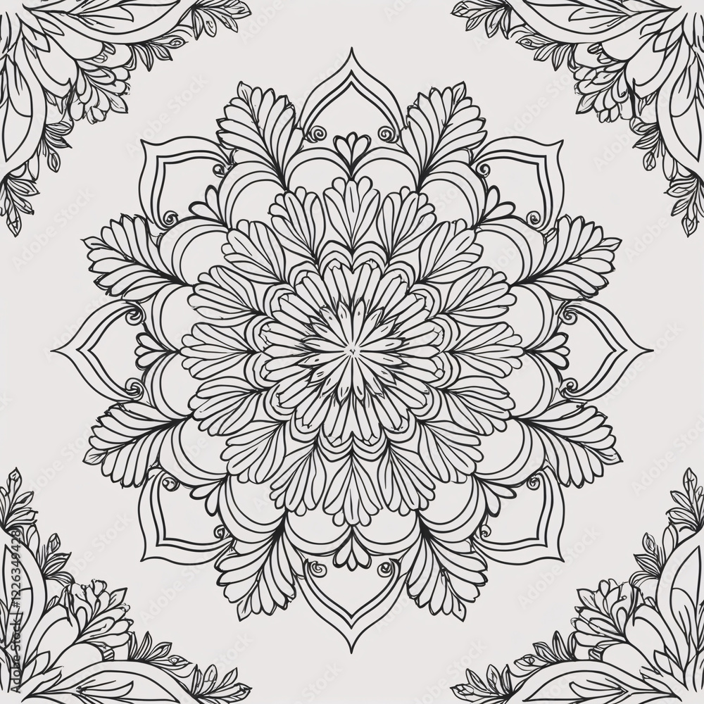 Enchanting Floral Mandala Design in Line Art with Abstract Geometric Elements and Calm Symmetry round damask pattern and arabesque elements Enchanting Floral Mandala Design in Line Art with Abstract Geometric Elements and Calm Symmetry round damask pattern and arabesque elements