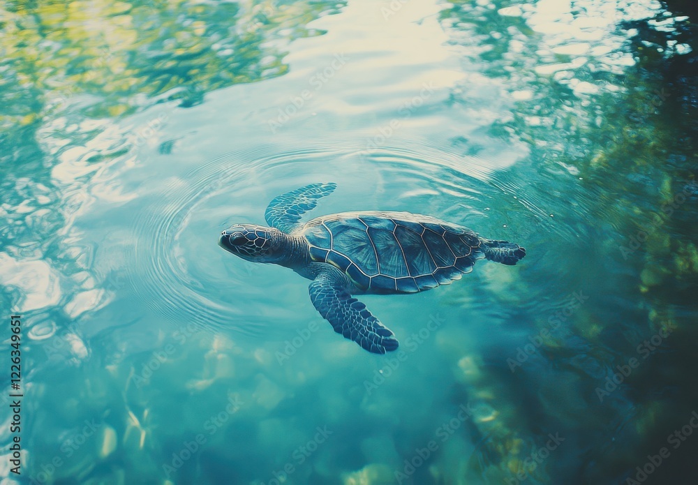 Obraz premium Graceful Sea Turtle Swimming in Crystal Clear Water Surrounded by Lush Marine Life and Gentle Ripples on the Surface in Fresh Tropical Environment