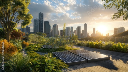 Eco-friendly rooftop garden with solar panels overlooking a city skyline at sunset. Lush greenery, sustainable design, urban, modern, cityscape,  green energy,  renewable,  nature,  architecture,  fut photo