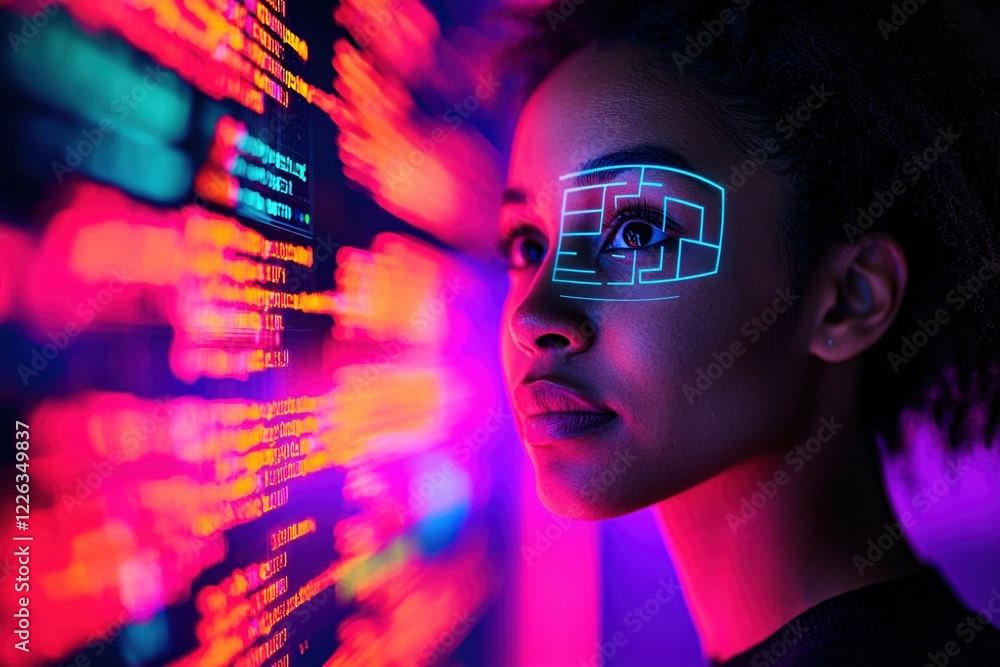 Online Learning Platform Concepts. Futuristic woman with digital face overlay and colorful code background. Online Learning Platform Concepts. Futuristic woman with digital face overlay and colorful code background.