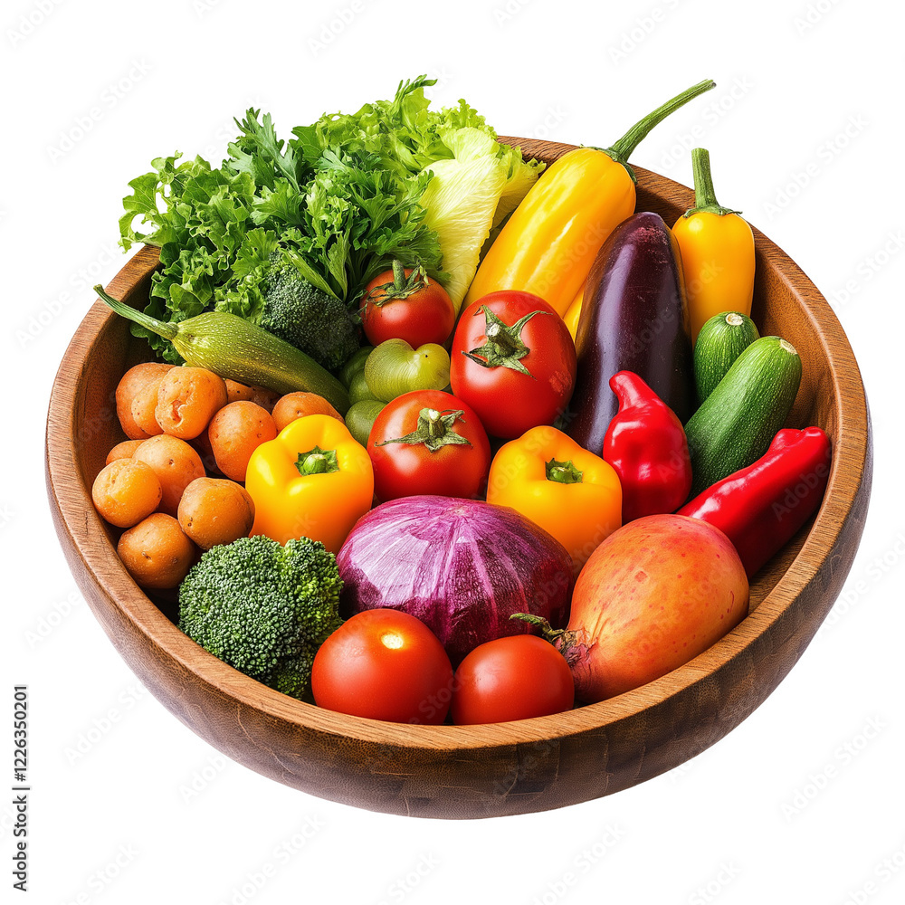 fresh vegetables in a wooden bowl isolated on transparent white background, clipping path