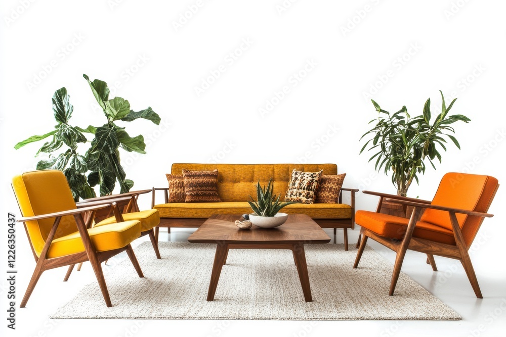 Fototapeta premium Stylish Mid-Century Living Room with Colorful Furniture and Plants