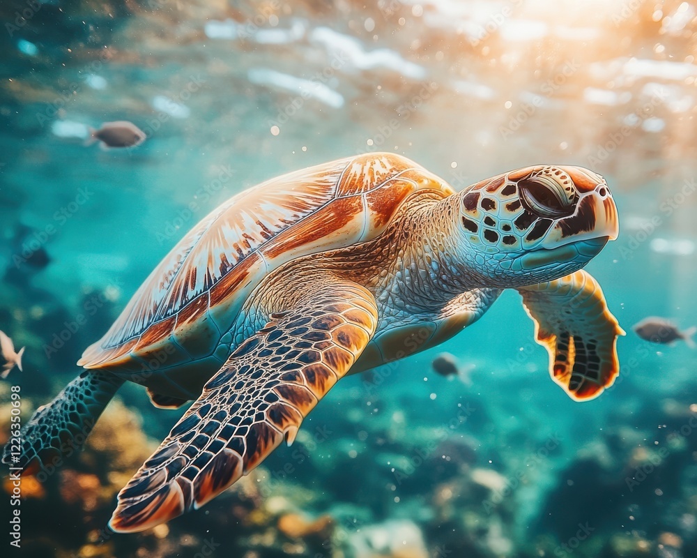 Fototapeta premium Graceful Sea Turtle Swimming Through Coral Reef Underwater Paradise in Crystal Clear Ocean Waters Illuminated by Sunlight Rays