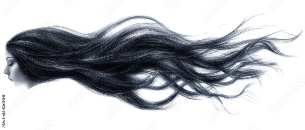 Ethereal Silhouette: a side-profile view of a woman's face merges with her flowing hair in a striking, stylized artistic representation. Ethereal Silhouette: a side-profile view of a woman's face merges with her flowing hair in a striking, stylized artistic representation.