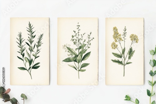 Botanical Illustrations of Leafy Green Plants on Vintage Paper