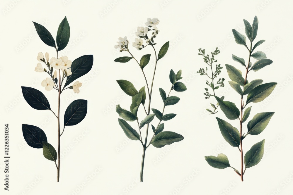 Delicate Botanical Illustrations of Various Greenery and Flowers Delicate Botanical Illustrations of Various Greenery and Flowers