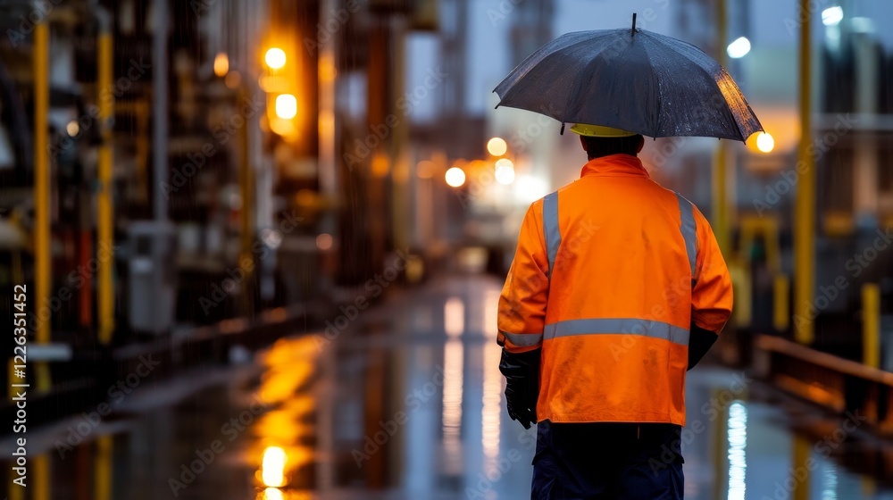 Worker in safety gear holding an umbrella on a rainy industrial site with glowing lights reflecting Worker in safety gear holding an umbrella on a rainy industrial site with glowing lights reflecting