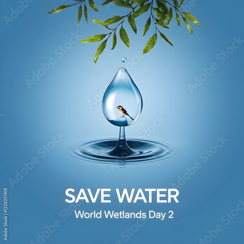 Save Water - World Wetlands Day Observed on February 2, High-Quality 3D Illustration of a Water Droplet Falling into a Rippled Water Surface with Floating Green Leaves, Promoting Water Conservation an