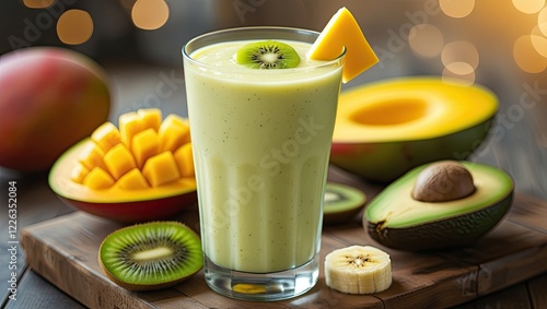 Tropical fruit smoothie on wooden board