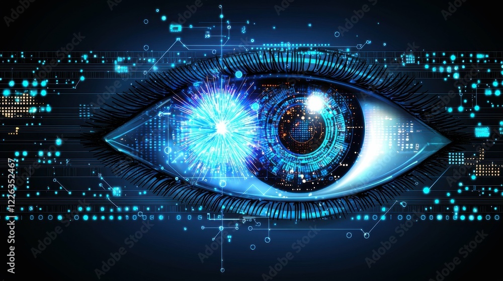 Abstract futuristic iris background featuring a blue explosion expanding into a human eye, evoking concepts of AI control and the spark of creation.
