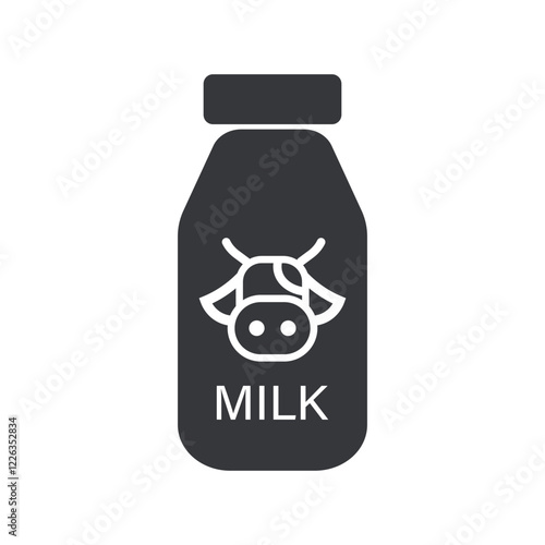 Isolated icon of a milk box and bottle with a cow symbol on the packaging, pictogram sign beverages, nutrition, drinks.