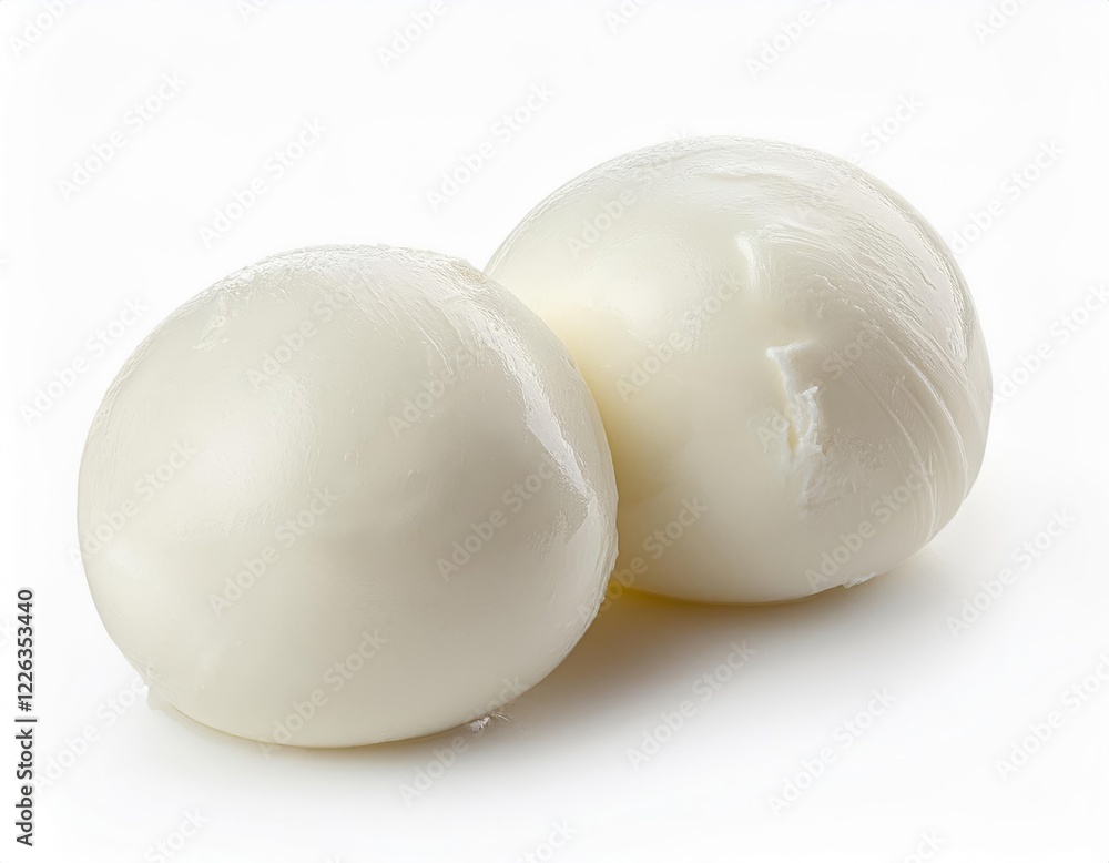 Close-up of two pieces of mozzarella cheese on a white background, Generative AI Close-up of two pieces of mozzarella cheese on a white background, Generative AI