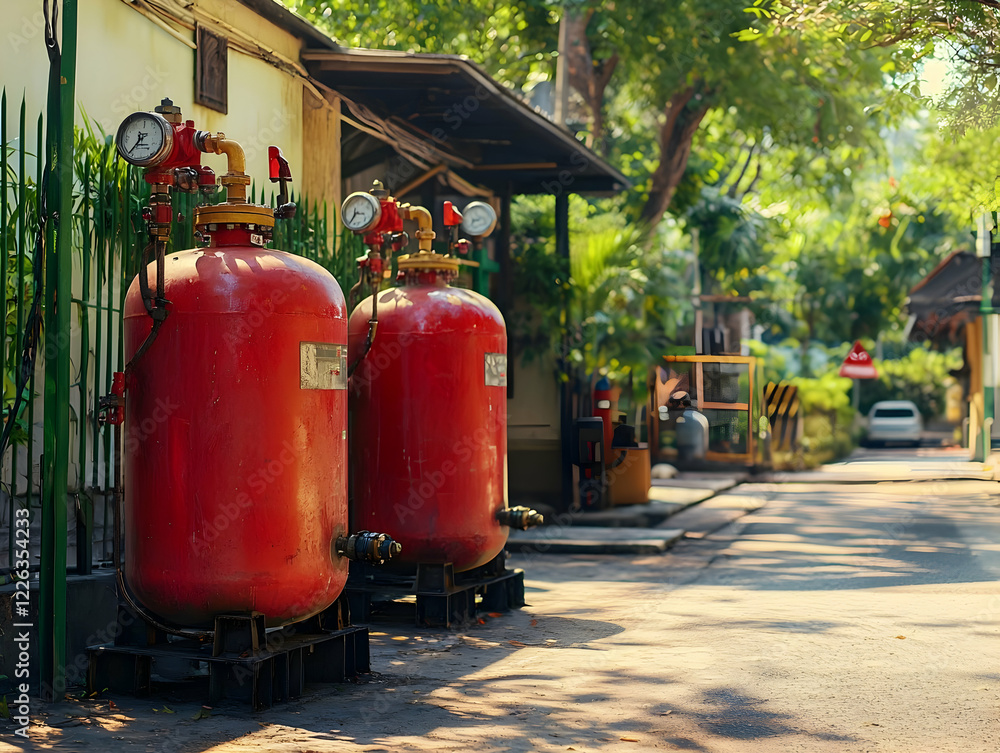Red gas tanks outside building, sunny day. Industrial area background, safety Red gas tanks outside building, sunny day. Industrial area background, safety