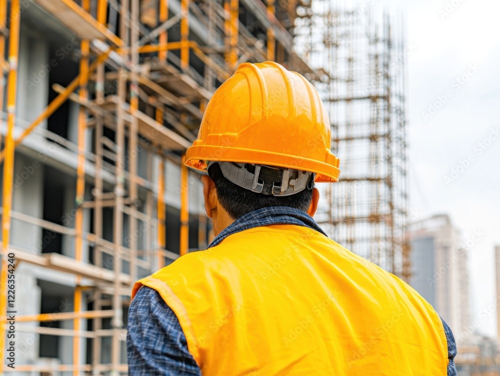 workers close up back construction concept. Construction worker in safety gear observing a building site with scaffolding. workers close up back construction concept. Construction worker in safety gear observing a building site with scaffolding.