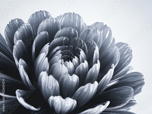 A close-up of a stylized, monochromatic flower.  Its petals are smooth and glossy, radiating outwards from a central point. The image has a sleek, modern aesthetic. photo