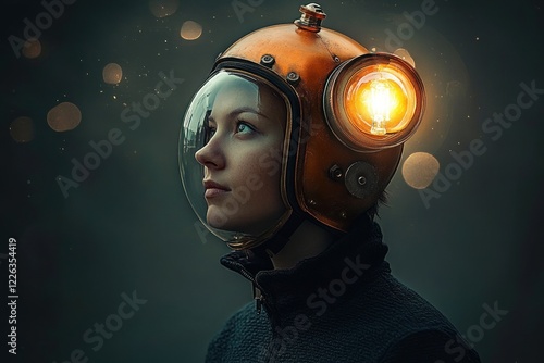 Young Man with Lightbulb Helmet Reflecting Creativity and Innovation photo